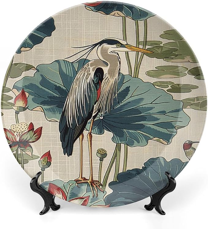 Birds And Lotus Flowers Vintage Plates of 6", 7", 9", 10", Personalized Wall Art Hanging Plate, Art Decoration Farmhouse Decorations Office, with Vertical Stand
