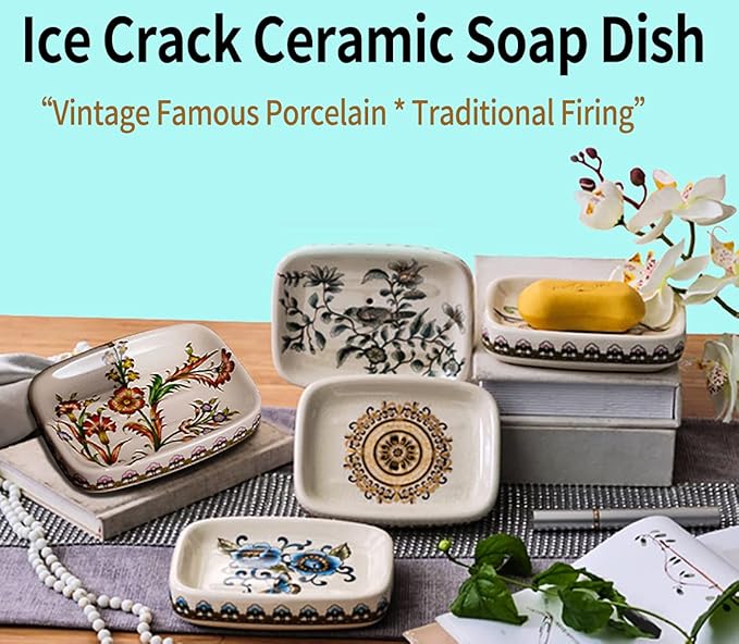 Kelake Ceramic Soap Dish Creative Ice Crack Ceramic Blue Butterfly and Flower Pattern Soap Dish Holder for Bathroom and Shower Soap Tray Box with Drain Gift for Mum Family