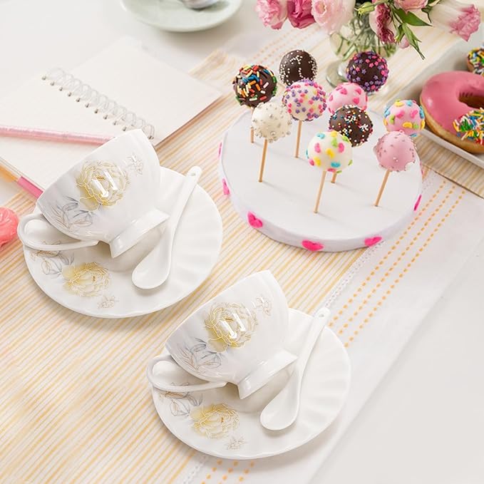 Tea Cups and Saucers Set of 6, 7 Oz Floral Tea Cups, White Porcelain Tea Cup with Saucer, British Coffee Cups Sets for Women Teas Party, Cappuccino, Latte, Microwave Safe