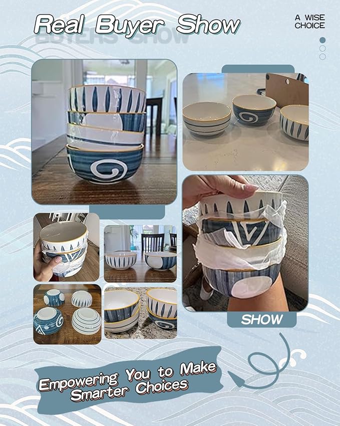 Yeacccng Japandi Cereal Bowls Set of 4, 6 Inch 27 Oz Blue Striped Ceramic Soup Bowls, Lead-Free Cadmium-Free, Dishwasher Microwave Oven Safe, Scratch-Resistant Serving Bowls