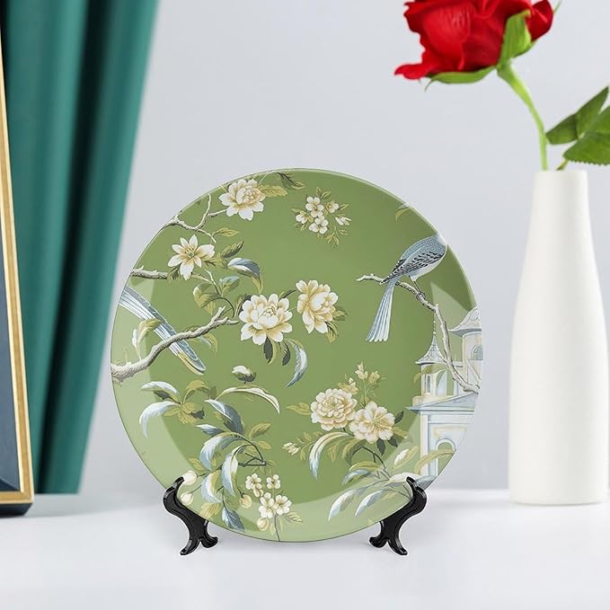 Pagoda Garden Imperial Green Chinoiserie Vintage Plates, Personalized Wall Hanging Decoration for Table Kitchen Club Decor, with Vertical Stand Art Decorations for Household Office