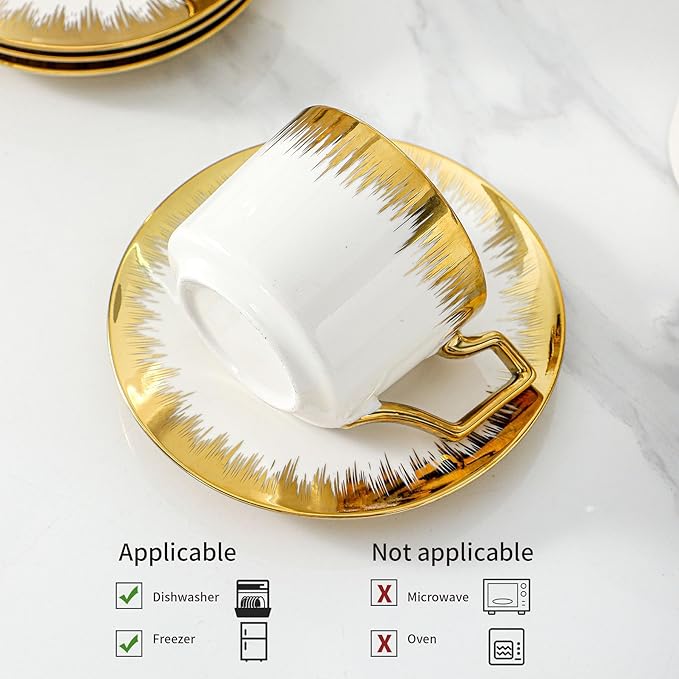 LETAOTAO Cappuccino Cups with Saucers, 8.5 oz Stackable Ceramic Coffee Cup and Saucer with Gold Trim, Turkish Coffee Cups Set for Double Espresso, Tea Cups Set of 6, White