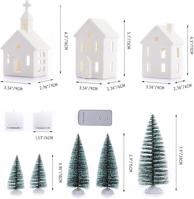 9 Pcs Christmas Village Figurines Sets - 4 Lighted Ceramic Houses with Remote Control & 5 Trees - Christmas Decorations Indoor - White Xmas Holiday Farmhouse Rustic Decor for Home Table Room
