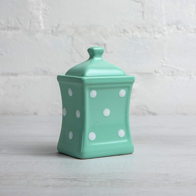 City to Cottage Handmade Teal Blue and White Polka Dot Small 5.3oz/150ml Ceramic Kitchen Herb, Spice, Storage Jar with Lid, Pottery Canister, Housewarming Gift