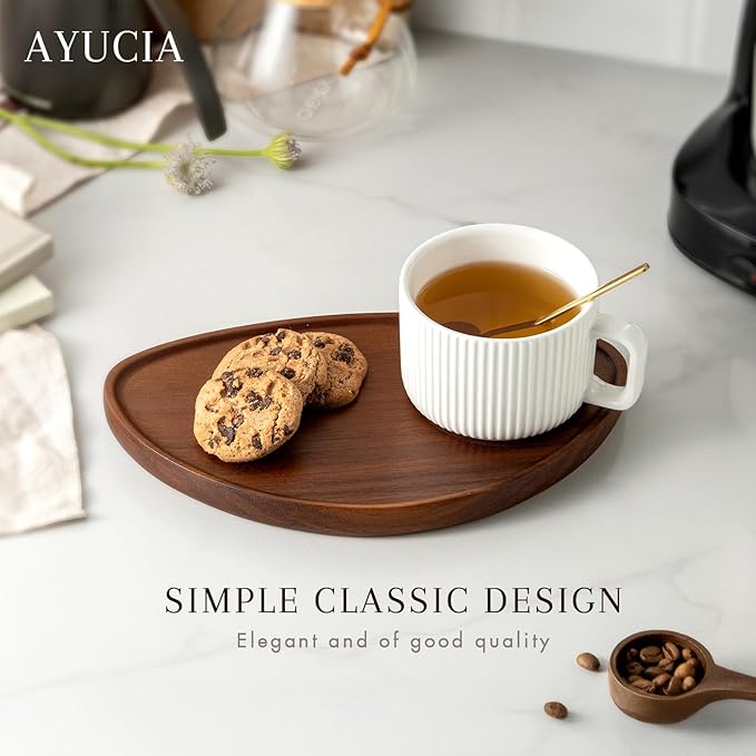 Tea Cups and Saucers Set of 2, 8OZ Cappuccino Cups with Acacia Serving Saucers and Spoons, White Cream Ceramic Coffee Mugs with 9.4inch Wooden Plates for Latte Dessert Breakfast