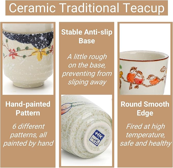 6 Pieces Japanese Tea Cups, 6 Oz Ceramic Coffee Cup with Good Heat Retention, No Handle Teacup Matcha Mug for Latte, Juice, Gift, Dishwasher Safe