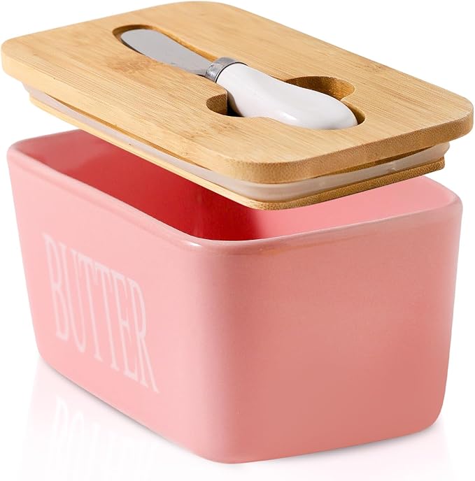 Hasense Butter Dish with Lid, Large Butter Dish for Countertop, Porcelain Butter Keeper Container with Knife, Airtight Butter Container with Cover,Pink