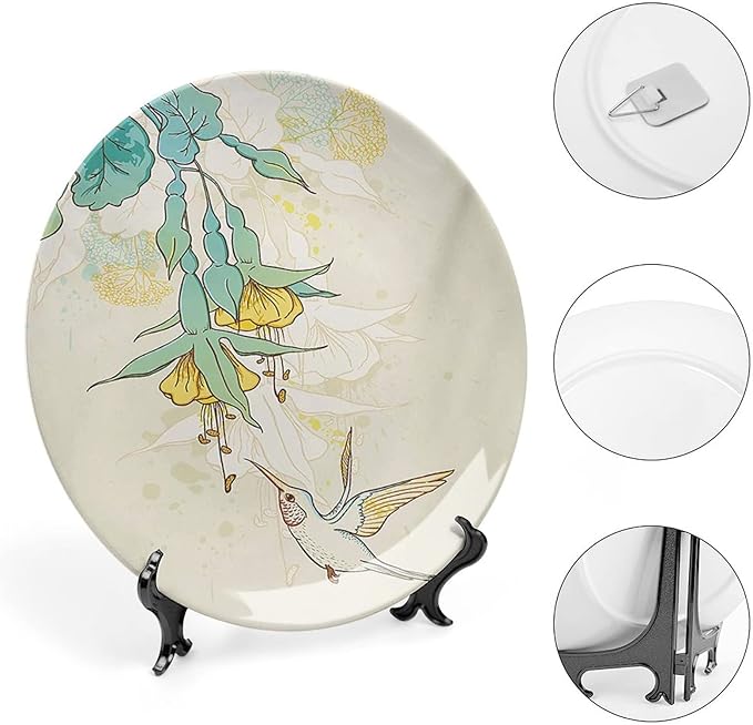 8 Inch Decorative Plate, Hummingbird Ceramic Stoneware, Hummingbird and Tropical Flowers Summertime Print Ceramic Wall Hanging for Fine Dining For Upscale Events, Dinner Parties, Weddings, Catering