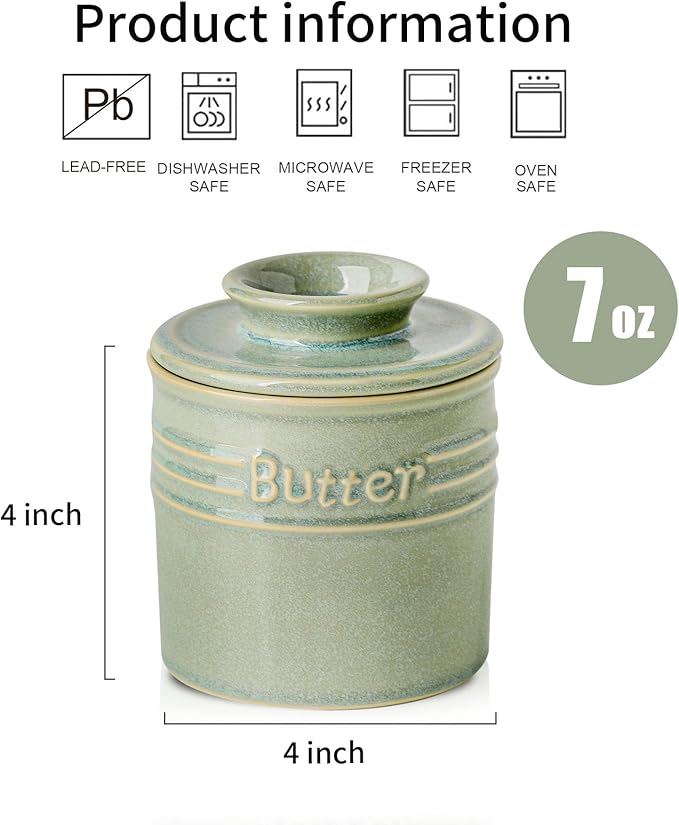 HVH Ceramic Butter Crock with Water Line, French Butter Dish with Lid for Countertop, Butter Keeper for Counter, Butter Holder for Soft Butter (Turquoise, 4 x 4)