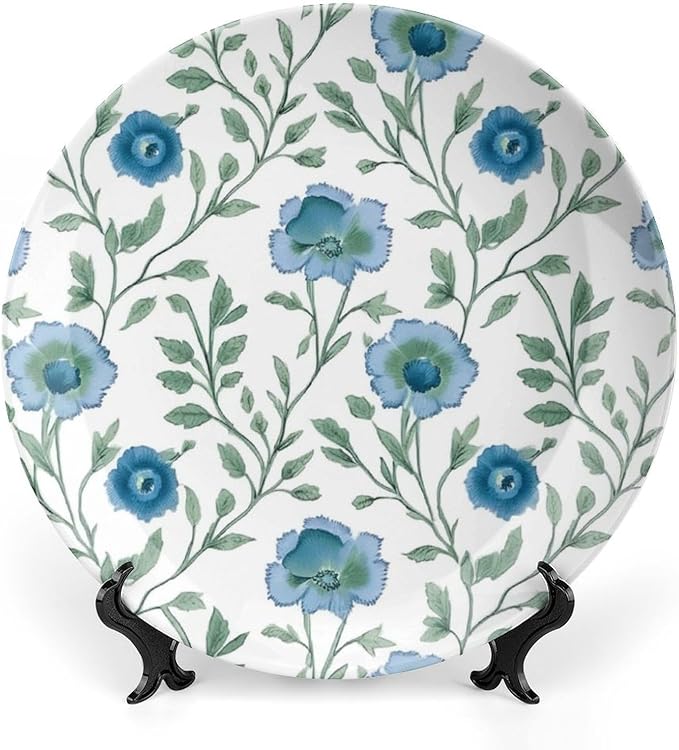 Blue Mughal Flower Decorative Plate, Customize Dinner Plates for Wedding Kitchen Housewarming Gifts Decor, 1 Plate with 1 Display Stand Art Decorations for Home Office