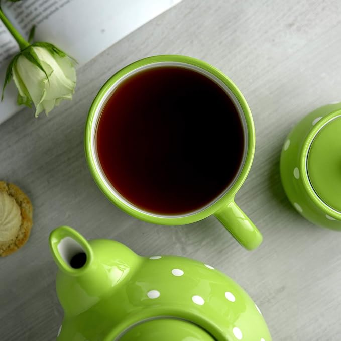City to Cottage Handmade Ceramic Designer Lime Green and White Polka Dot Cup, Unique Extra Large 17.5oz/500ml Pottery Cappuccino, Coffee, Tea, Soup Mug | Housewarming Gift for Tea Lovers