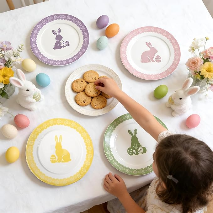Rtteri 4 Pack 9 In Easter Bunny Ceramic Plate Pastel Spring Ceramic Dessert Plate Rabbit Easter Salad Dishes Dinnerware for Home Brunch Spring Party Kitchen Wedding Decor