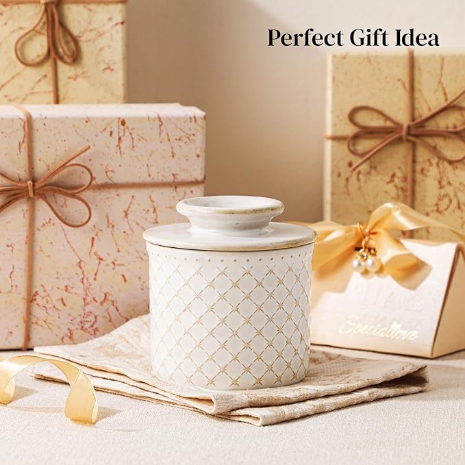 DOWAN French Butter Crock for Counter with Water, Ceramic Butter Dish with Lid for Countertop, Butter Holder for Soft Spreadable Butter, Butter Keepers to Leave on Counter, Embossing, Off-white