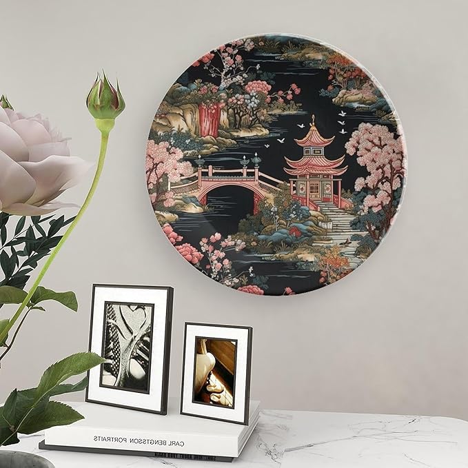 Chinoiserie Charcoal Coral Pagoda Asian China Plates for Display Oriental Chinoiserie Household Kitchen Supplies Table Wall Holiday Party Decorations Customize Gifts for Men Women Thanksgiving