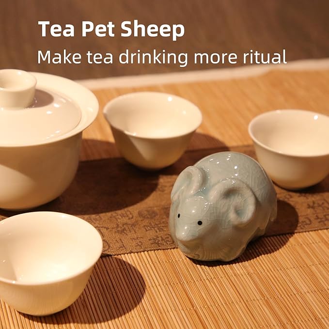 12 Chinese Zodiac Tea Pet, Unique Crackle Ru Porcelain, Traditional Chinese Cultural Tea Accessory, Asian Home & Office Decor, Gift for Tea Lovers & Anniversaries (Sheep 1pc)