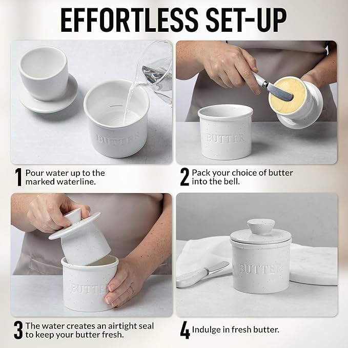 Zulay Kitchen Bell Shaped Butter Crock with Lid for Countertop with Water Line & Spreader Knife, Ceramic French Butter Dish Keeper For Fresh, Soft & Spreadable Butter - Speckled White