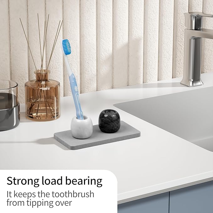 Toothbrush Holders, Marble Toothbrush Holder with Diatomaceous Earth Tray for Bathroom Countertop, Small Toothbrush and Toothpaste Holder Set with A Travel Bag (Black & White Set)
