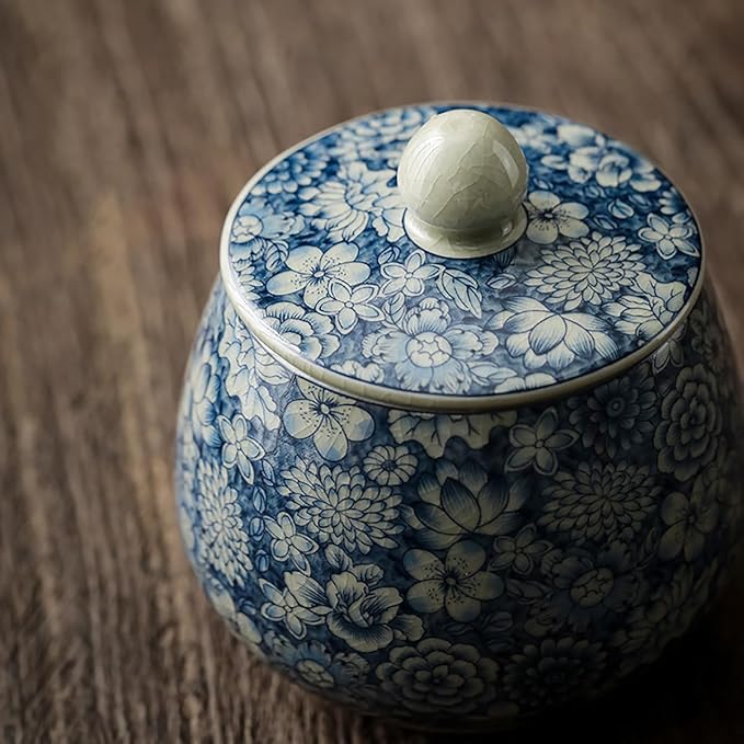 Vintage White and Blue Ceramic Portable Tea Caddy Tea Canister Tea Storage Container Tins Jar with Airtight Lid for Tea, Coffee, Herb, Sugar, Spice, Nuts, 9 OZ