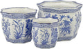 Galt International Blue & White Round Fluted Floral Palm Lotus Porcelain Ceramic Plant Flower Planter Pot Set of 3 (7.5", 10", 13") Garden Pots Chinese Asian Design