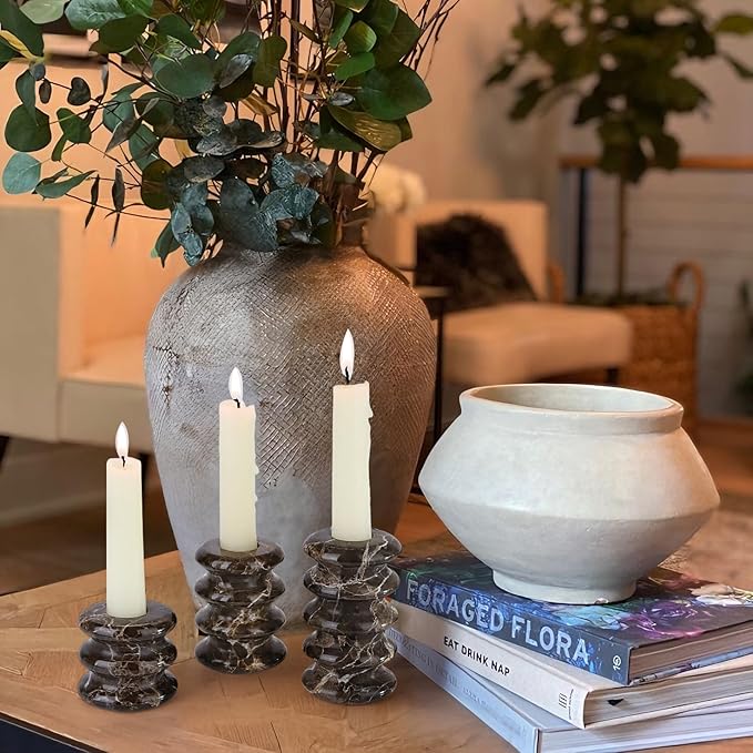 Vixdonos Marble Candle Holder Set of 3 Taper Candle Candlestick Mantle Candle Stand for Home Decor,Wedding,Party and Table Centerpieces(Brown)