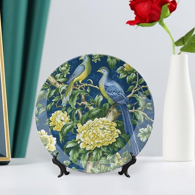 Vintage Plates Pagoda Garden Imperial Green Chinoiserie Peacock Customize Decor for Wall Display Festival Housewarming Gifts Ceramic Ornaments Dessert Plates Unique Art with Stand, Gifts