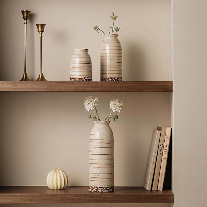 Rustic Ceramic Vase Set of 3 - Beige Rustic Vases for Flowers,Farmhouse Flower Vases for Home Decor,Small Decorative Vase Set for Living Room,Table Shelf,Centerpieces and Fireplace Decorations