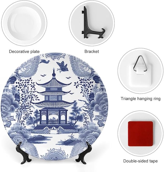 Chinoiserie Blue Asian Pagoda Fashion Plates of 6", 7", 9", 10", Customize Ceramic Display Plate, Wall Office Decorations Farmhouse, Unique Art with Stand