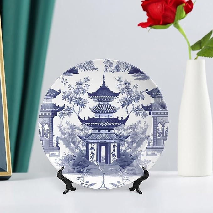 Chinoiserie Blue Asian Pagoda Plates Ceramic, Personalized Wall Decorative Plate for Wedding Wall Club Decor, Including Bracket And Special Hook Art Decorations for Art Decoration Table