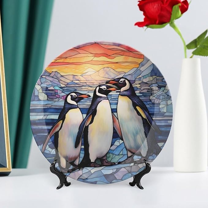 Decorative Plates for Wall Hanging, Penguins Family Snow Winter Stained Glass Painting Ceramic Plate w/ Display Stand, Home Decor for Kitchen Cabinets, Round Tray 10 Inch, Gift for Penguin Lovers