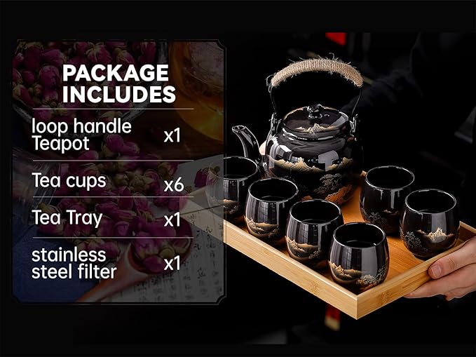 Traditional Japanese tea set, Japanese teapot set, Asian Black glazed tea set with 1 Teapot, 6 Tea cups, 1 Tea strainer, 1 Tea tray (Landscape Black)