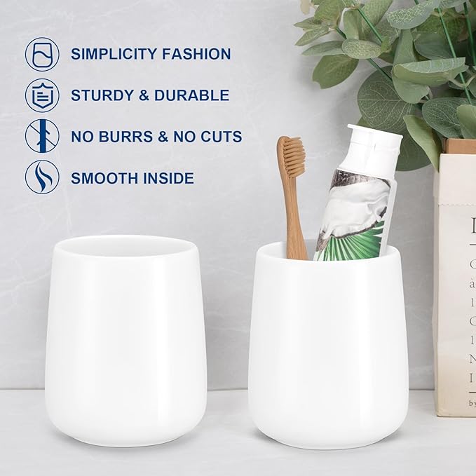 Bathroom Tumbler Cup Ceramic 2Pcs 13.5oz Reusable Toothbrush Cup 400ml,Toothbrush Holder Adequate for Your Bathroom (Shiny White)