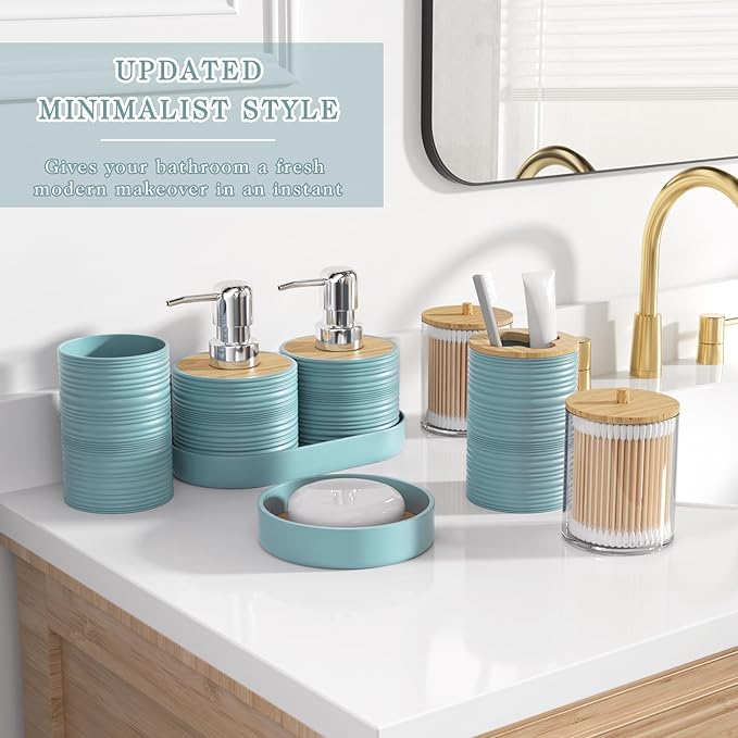 Light Blue Bathroom Set - 10PC Bathroom Accessories Set, Luxury Bathroom Accessory Set with Trash Can,Toilet Brush & 2 PC Soap Dispensers for Apartment Decor and Housewarming