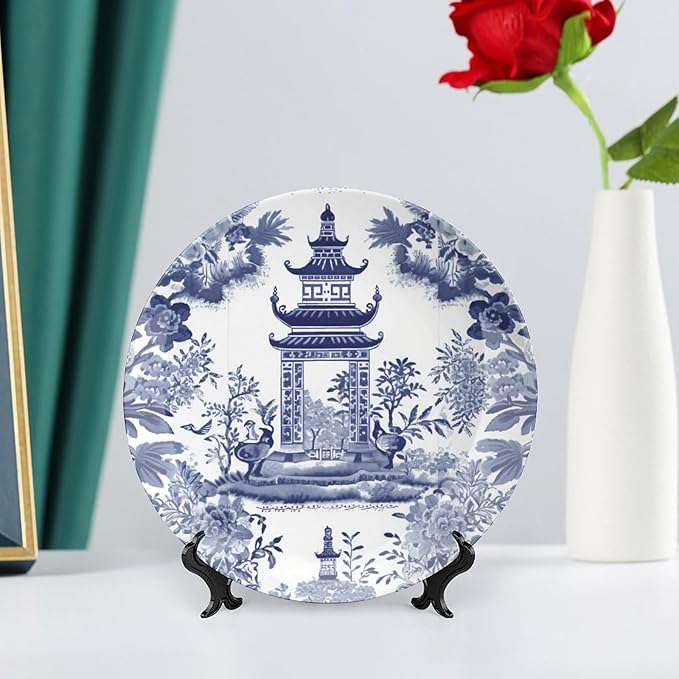 China Plates Chinoiserie Blue Asian Pagoda Customize Decor for Wedding Table Housewarming Gifts Display Wall Hanging Decorative Plate with Display Stand And Hook Up, Multi Sizes, Gifts for Men Women