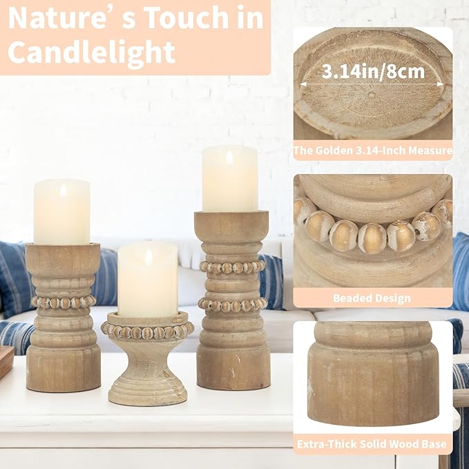 MODE HOME Rustic Natural Wood Candle Holders Set of 3, Farmhouse Beaded Wood Pillar Candle Holder, Candle Holders for Pillar Candles & Candlesticks, Candle Sticks Holder Decor for Table Centerpiece