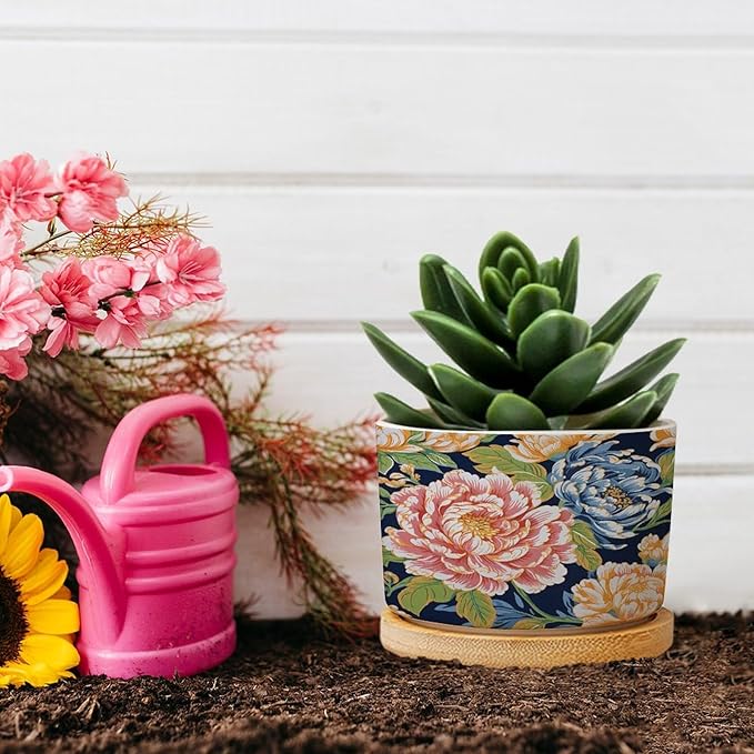 Bright and Chinoiserie Planter Ceramic Coral Peony Floral Round Plant Pot with Drainage Holes and Bamboo Tray Pot for Home Office Decoration