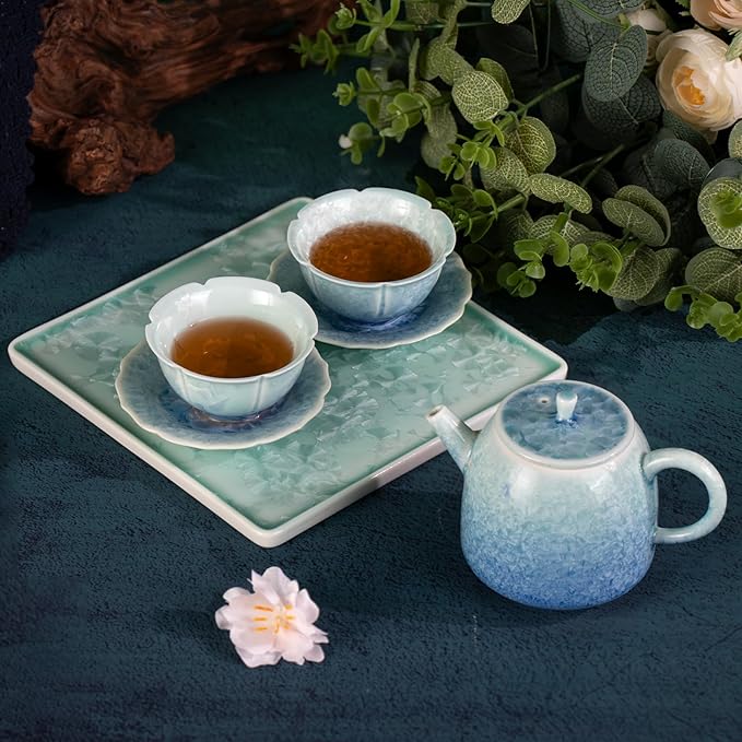 Tea Set for Adults Porcelain Tea Pot and Tea Cups Set, Blue and Cyan Gradient Japanese Ceramic Tea Cups and Saucers Set, Chinese Gong Fu Tea Set (2 Saucer+ 2 Floral Cups +1 Tea Pot + 1 Square Plate)