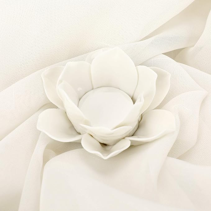 OwnMy 4.5 Inch Ceramic Lotus Flower Tea light Holder Lotus Petals Candle Holder Candlestick, Votive Flower Tealight Candle Holder Candle Lamps Holder with Gift Box for Home Decor Wedding Party (White)
