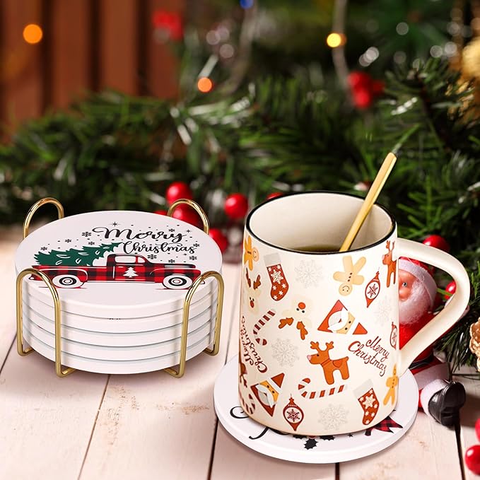 6 Pcs Ceramic Christmas Coasters with Holder Best Absorbent Drink Coasters Set Cute Xmas Holiday Coaster Set Coffee Table Decor Funny Christmas Decoration Housewarming Gift Festive Cup Coasters