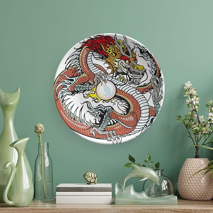 XISUNYA 7 Inch Decorative Plate, Dragon Tableware Plate, Traditional Chinese Creature Holding Pearl Zodiac Print Ceramic Wall Hanging for Home & Office Wall Hanging Decor