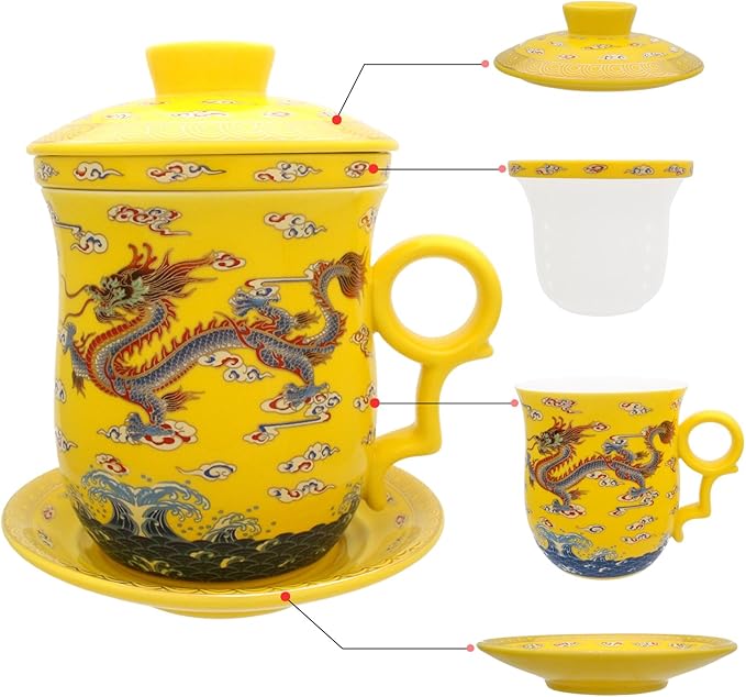 Porcelain Tea Cup with Infuser Lid and Saucer Sets - Chinese Jingdezhen Ceramics Coffee Mug Teacup Loose Leaf Tea Brewing System for Home Office