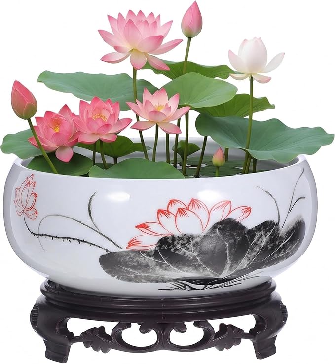 Hemoton Lotus Bowl Planter with Base, Ceramic Water Plant Pot, Indoor Bonsai Bowl Lotus Flower, Hydroponic Planter for Water Lily, Aquatic Plants, Lilies, and Succulents, Glazed Vase for Lotus Seeds
