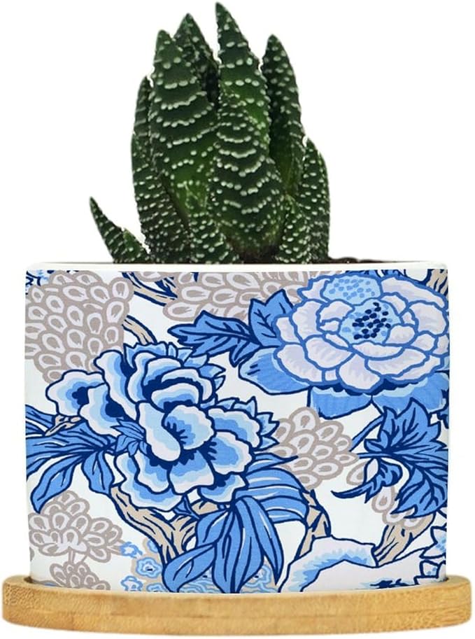 DreamAutumn Blue and White Chinoiserie Floral Planter Ceramic Round Plant Pots with Drainage Holes and Bamboo Tray Planting Small Flower Pots for Home Windowsill Desk Garden Indoor Outdoor Use