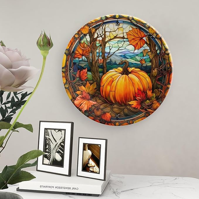 Decorative Plates, Fall Pumpkin Watercolour Stained Glass Design Ceramic Dinner Plate Home Wobble-Plate with Display Stand, Wall Hanging Decor for Kitchen Household 8 Inch, Gifts for Thanksgiving