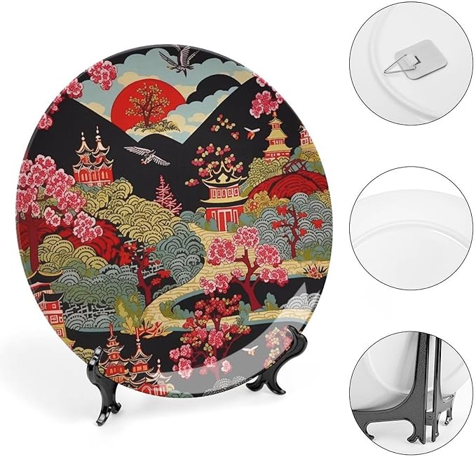 Decorative Plate Chinoiserie Charcoal Coral Pagoda Asian Customize Decor for Home Wedding Art Decoration Club Blue And White Plates with Vertical Stand, Multi Sizes by Choosing, Gifts for Men Women