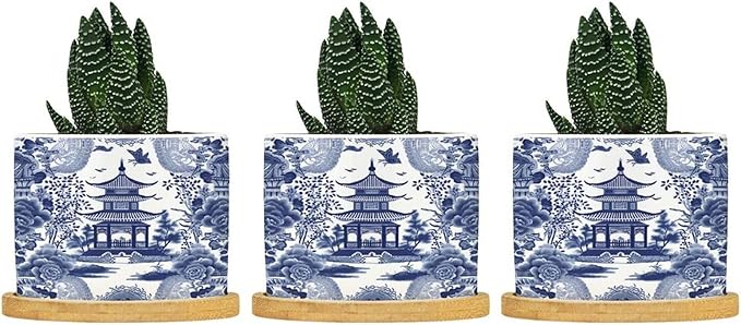 Chinoiserie Blue Asian Planters Ceramic Chinoiserie Chic Asian Round Plant Pots with Drainage Holes and Bamboo Tray Pot for Succulents Cactus Garden Windowsill
