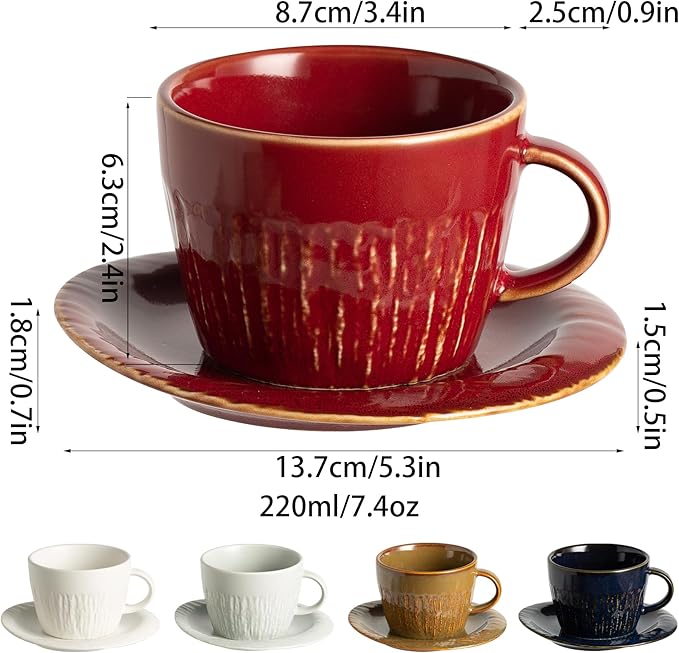 Ceramic Latte Cup with Saucer, 7 oz, Coffee Mug, Espresso Cups for Cappuccino, Milk Tea and Mocha, Dishwasher and Microwave Safe (red)