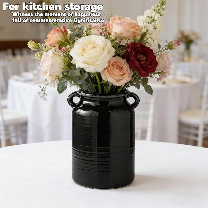Ceramic Rustic Distressed Black Flower Vase for Centerpieces, Kitchen, Office or Living Room (5.9''x8.6”)