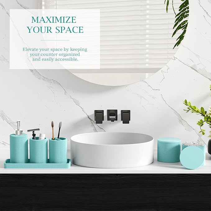 6-Piece Teal Blue Bathroom Set - Mesh Textured Resin Bathroom Accessories Set with Soap Dispenser, Toothbrush Holder, Cup, Vanity Tray & Apothecary Jars for Small Spaces