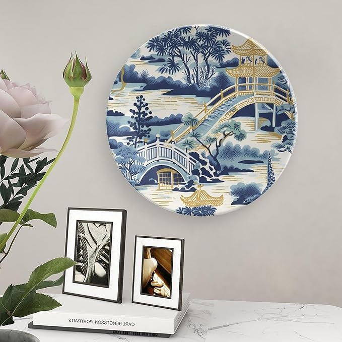 Vintage Plates Blue And White Chinoiserie Pagoda Ming Toile Asian Custom Decor for Display Farmhouse Home Art Decoration Ceramic Salad Plates Including Bracket And Special Hook, Gifts for Men Women