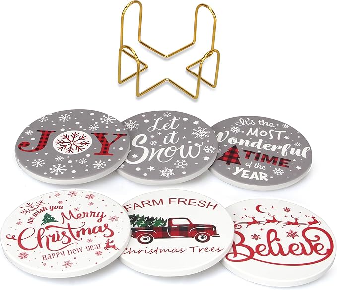 6 Pcs Ceramic Christmas Coasters Absorbent Drink Coasters with Holder Cute Xmas Coaster Set Decorative Coffee Table Decor Coaster Funny Christmas Decoration Housewarming Gift Festive Cup Coasters